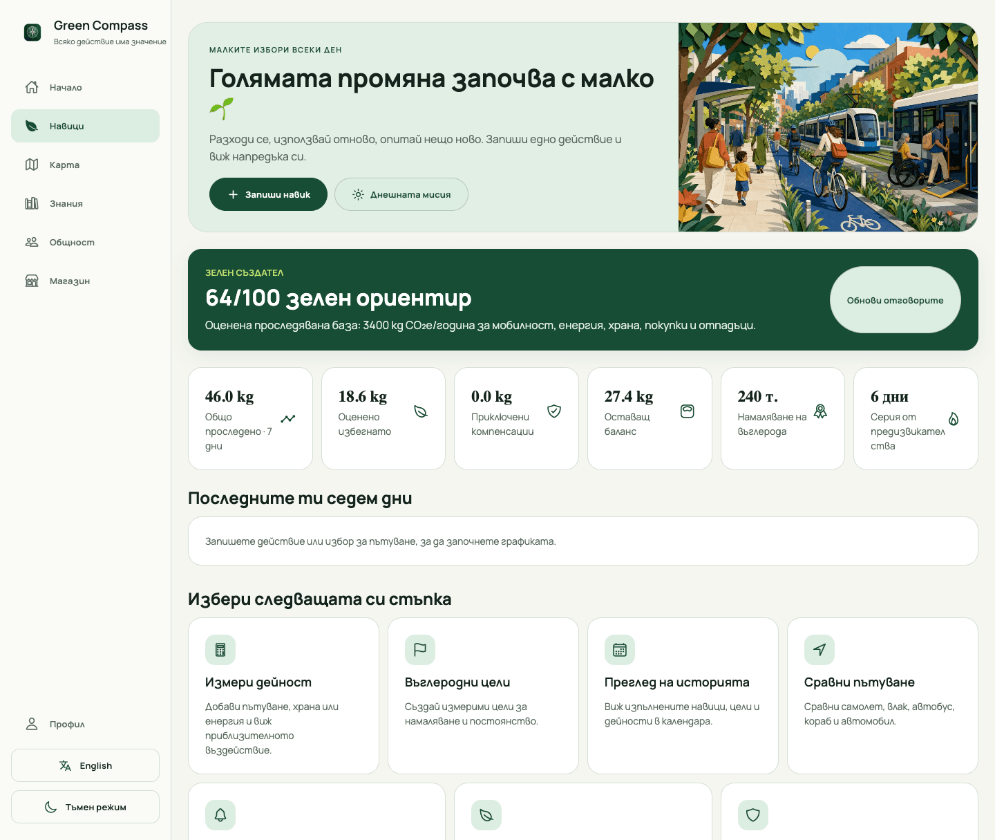 Current Green Compass habits screen with actions, impact, and streak